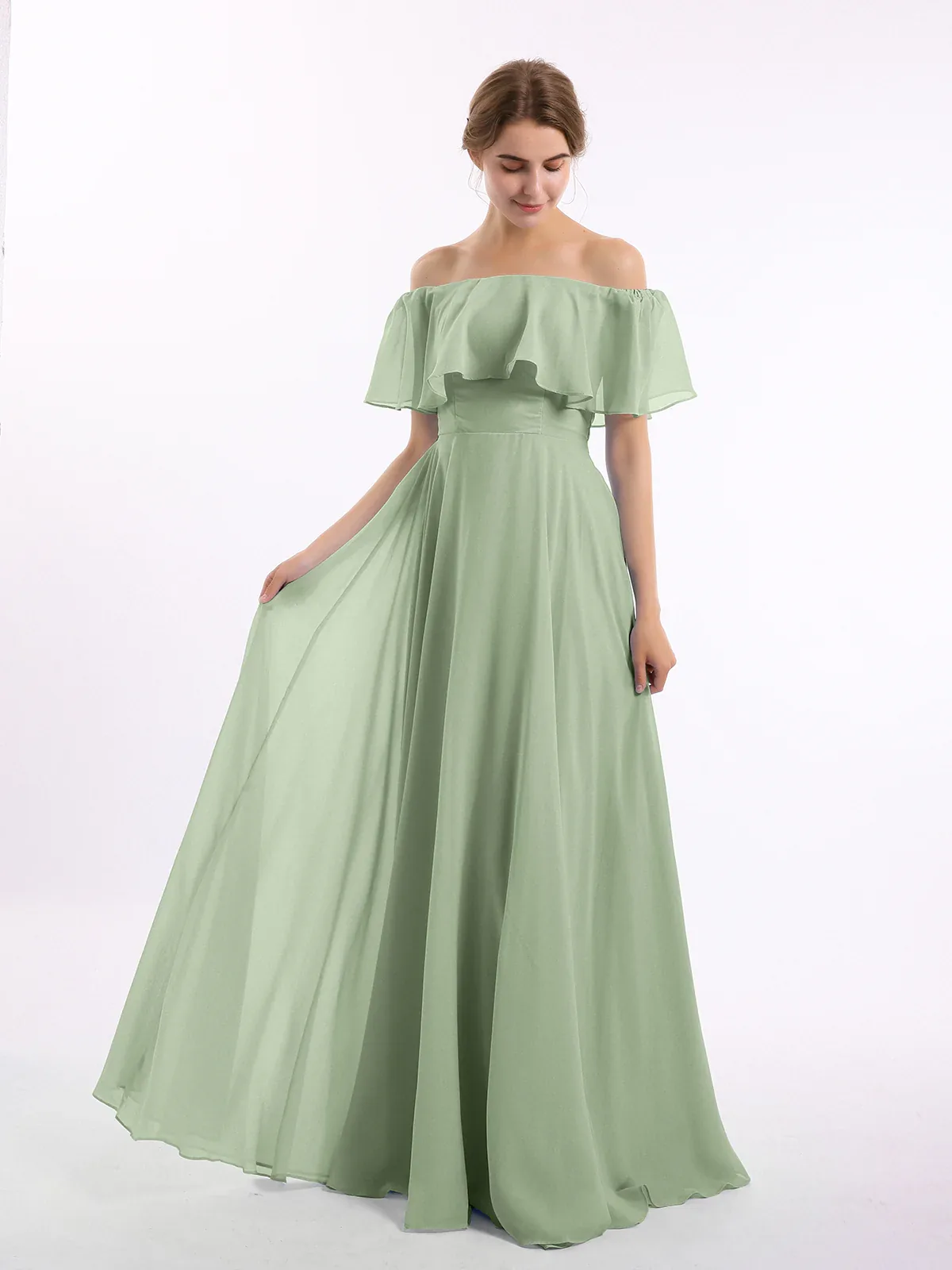 Off the Shoulder Chiffon Full Length Dress