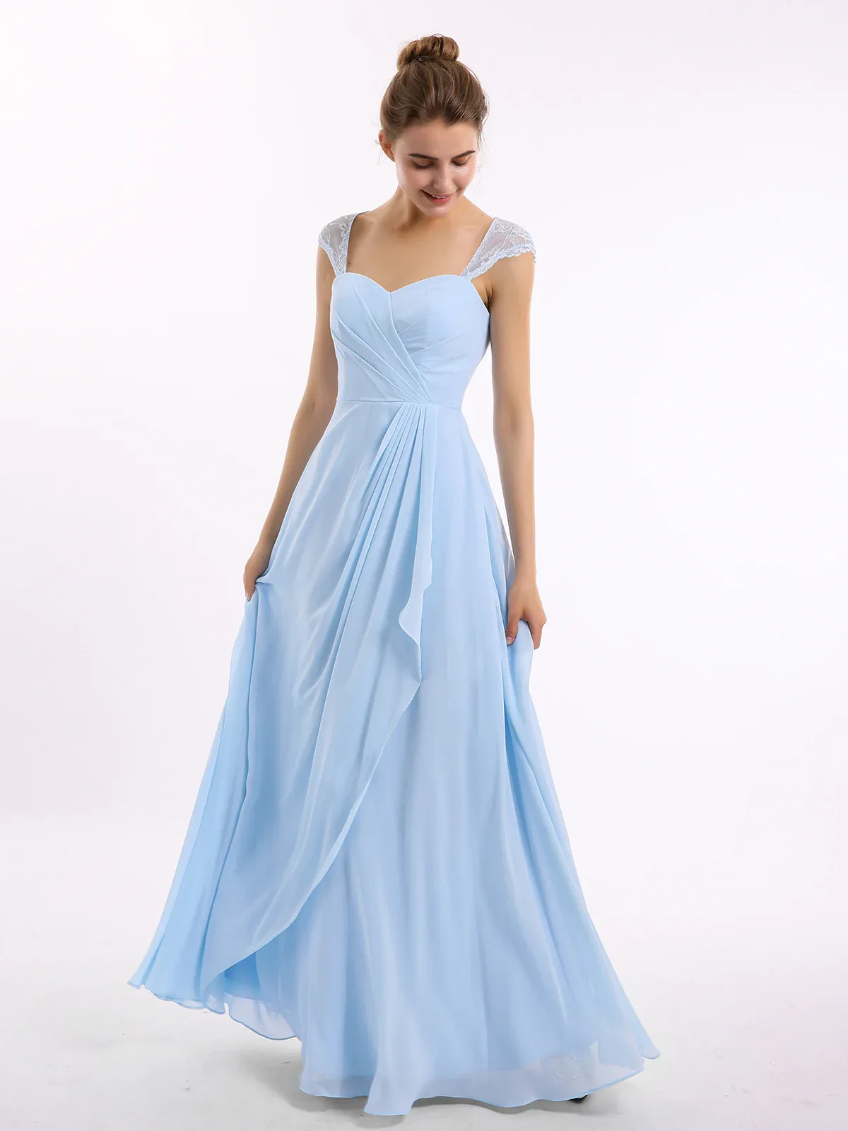 Chiffon Bridesmaid Dress with Lace Cap Sleeves