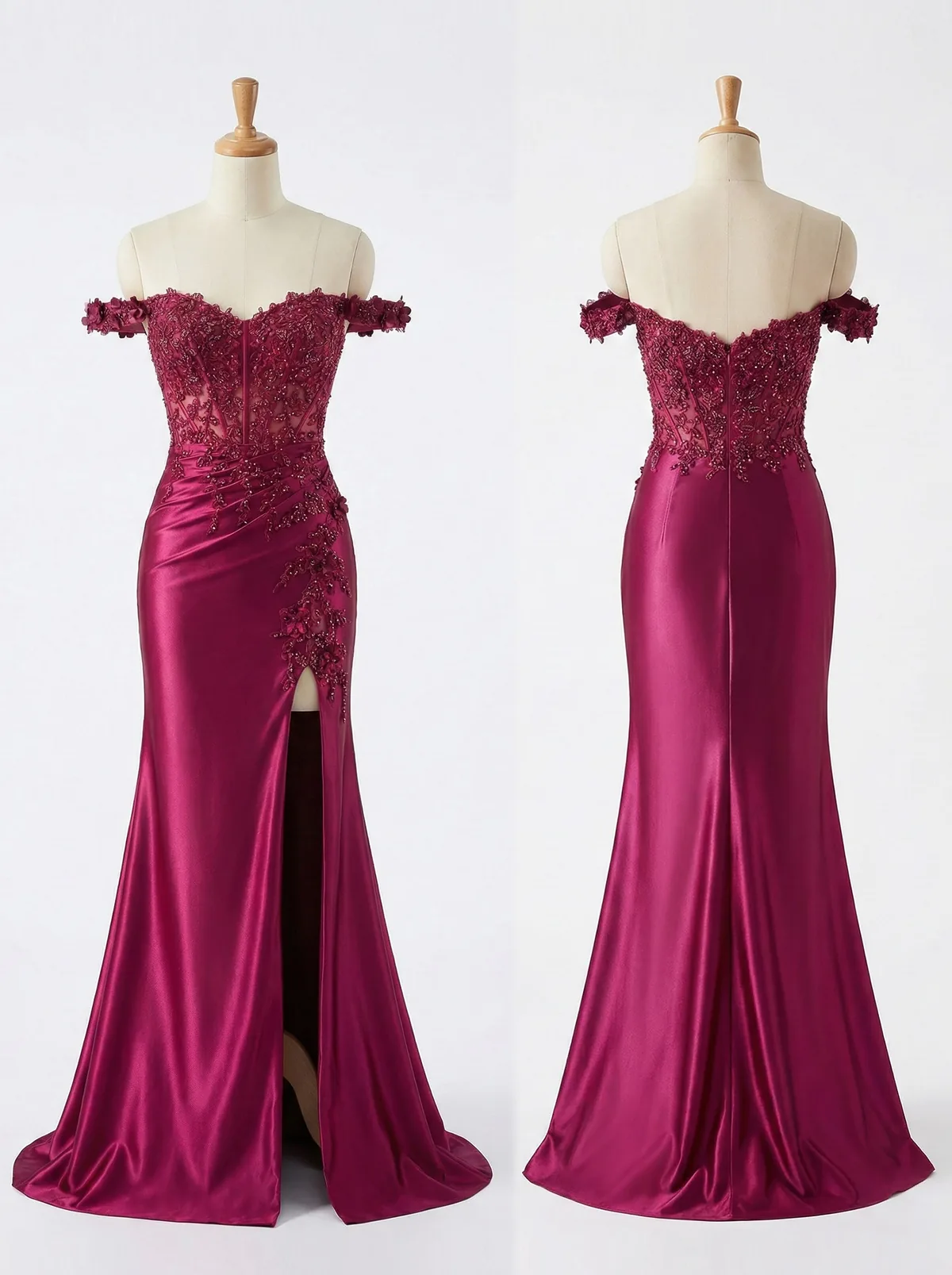 Magenta Satin Off-Shoulder 3D Floral Mermaid Gown