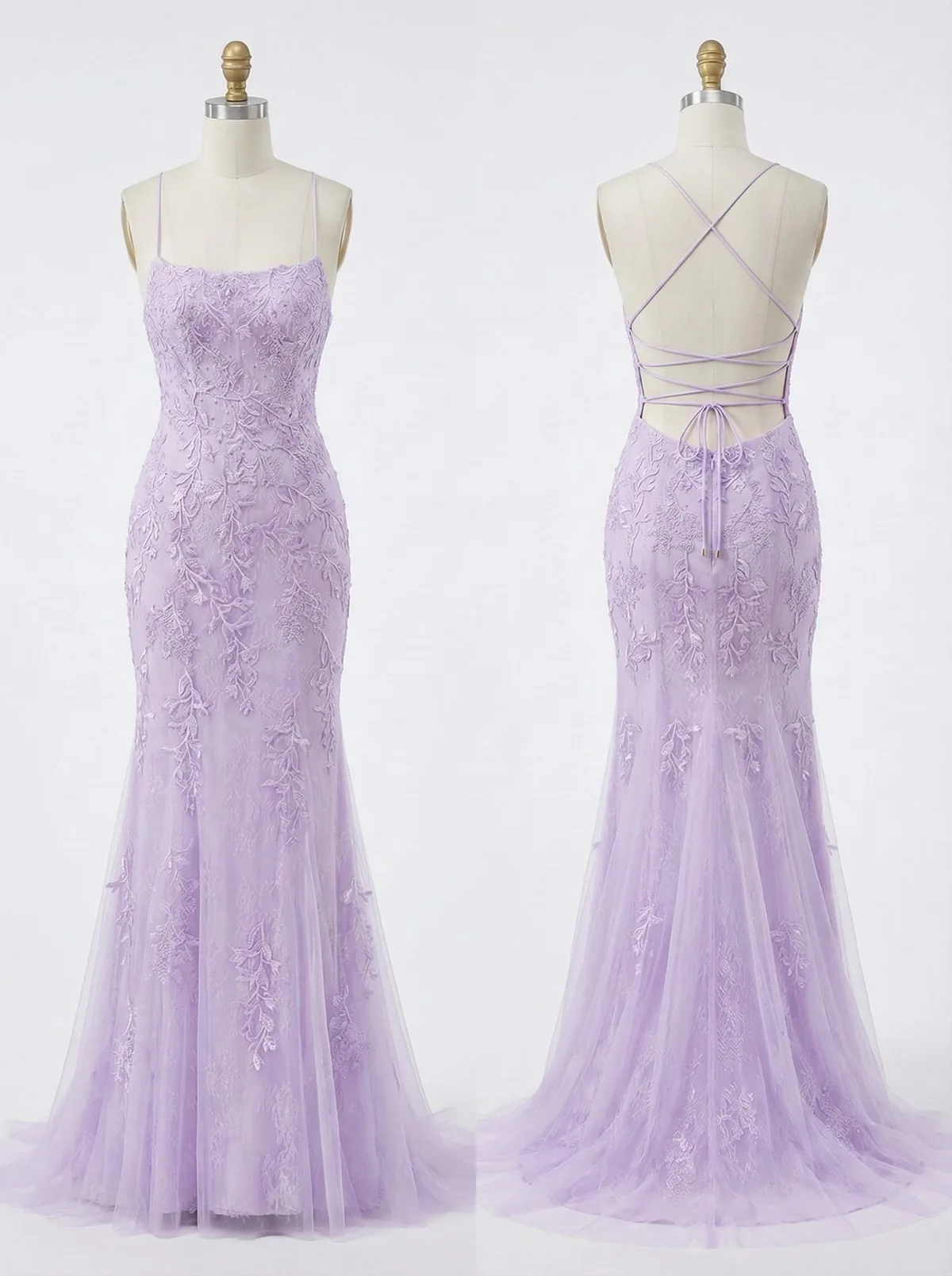 Lilac Lace Appliqué Spaghetti Strap Mermaid Gown