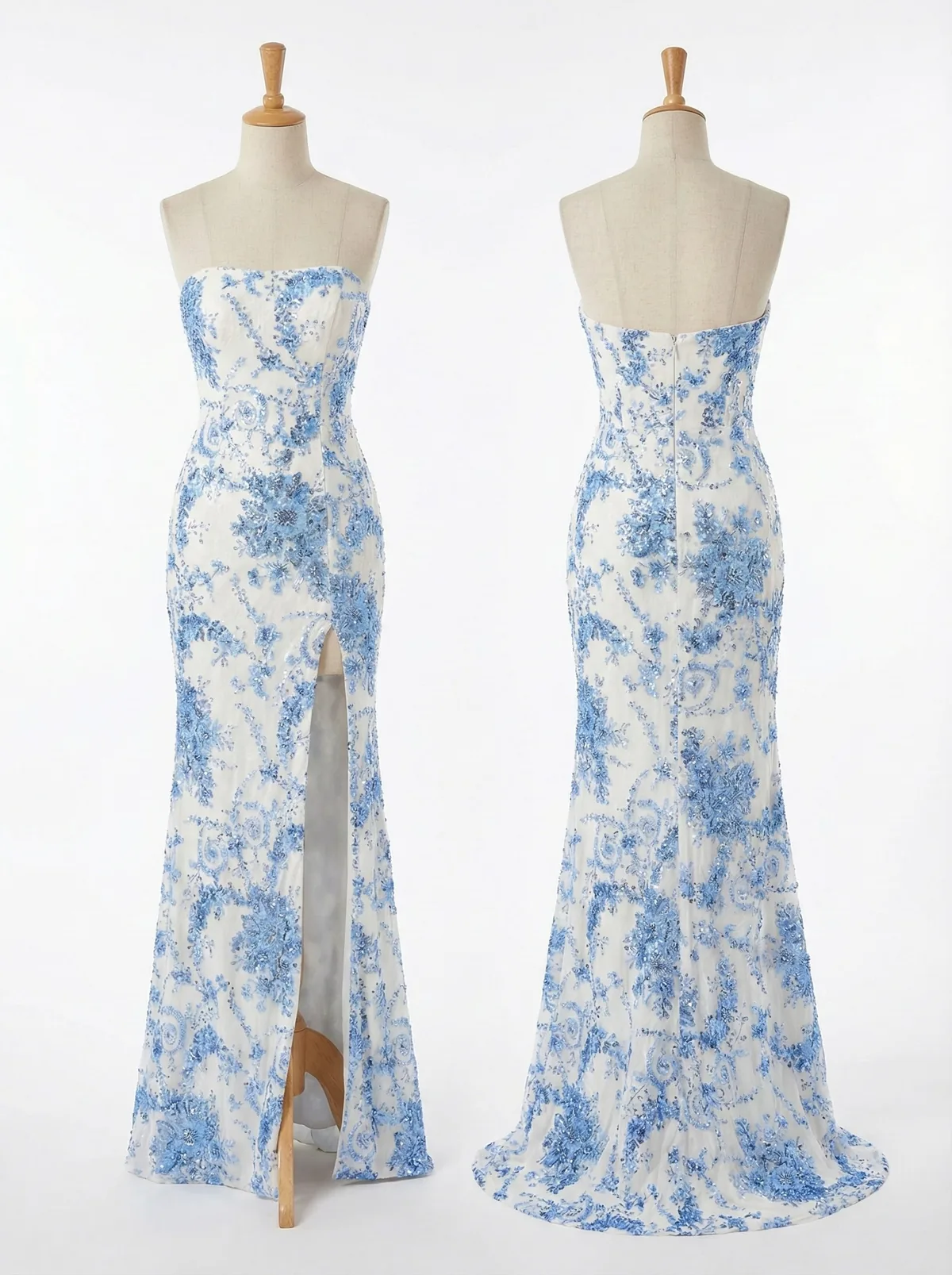 White & Blue Floral Sequin Strapless Mermaid Gown