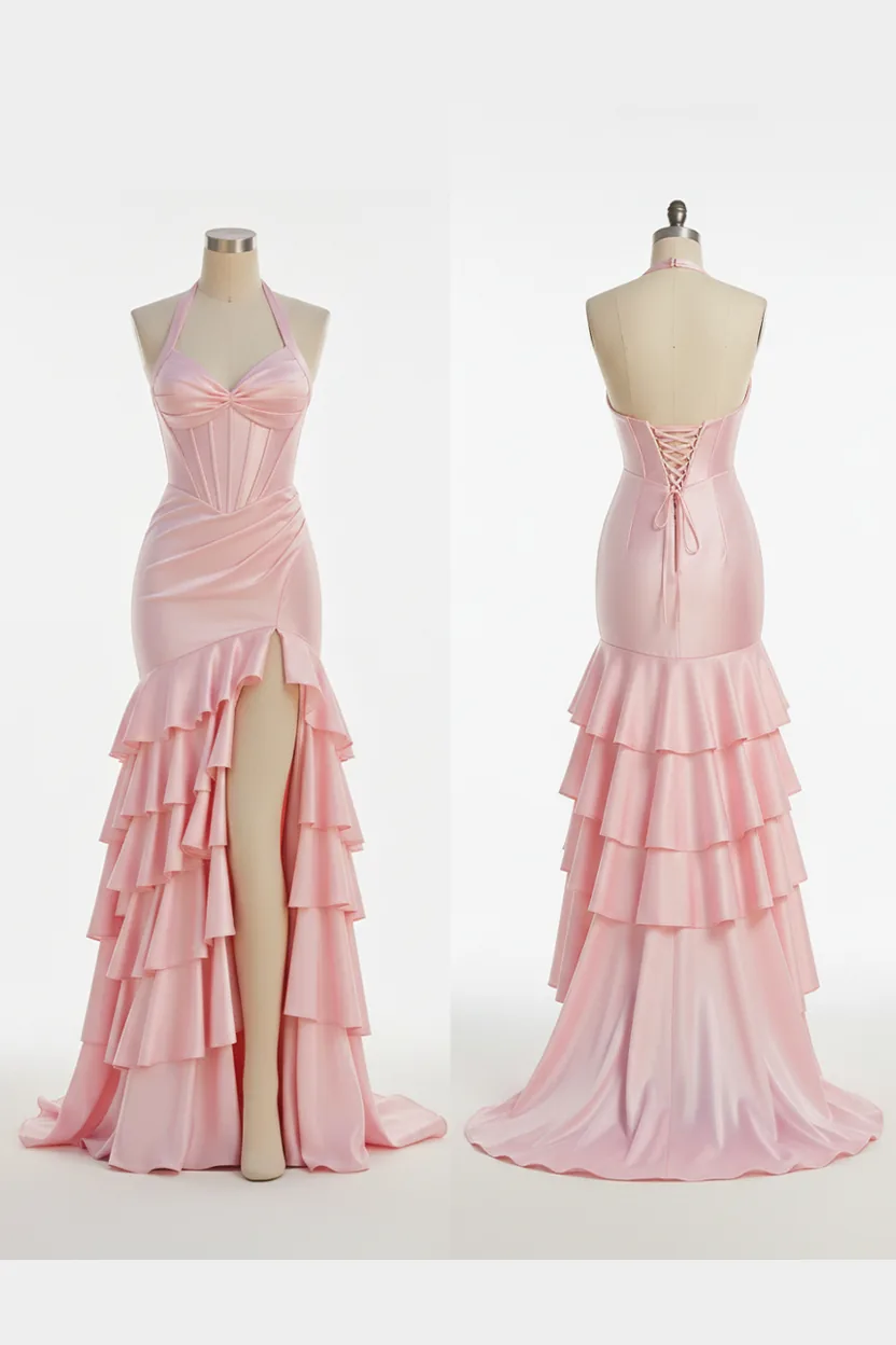 Blush Pink Halter Corset Tiered Ruffle Mermaid Gown