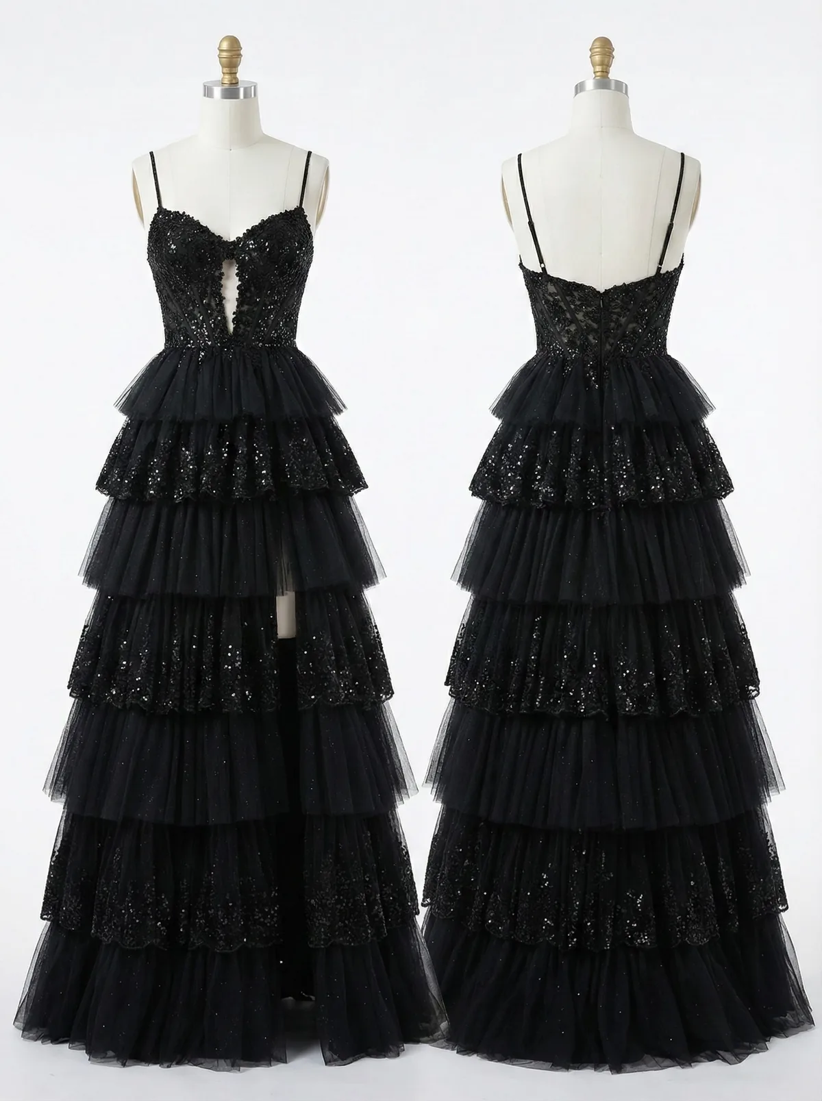 Black Sequin Tulle Spaghetti Strap Tiered Ball Gown
