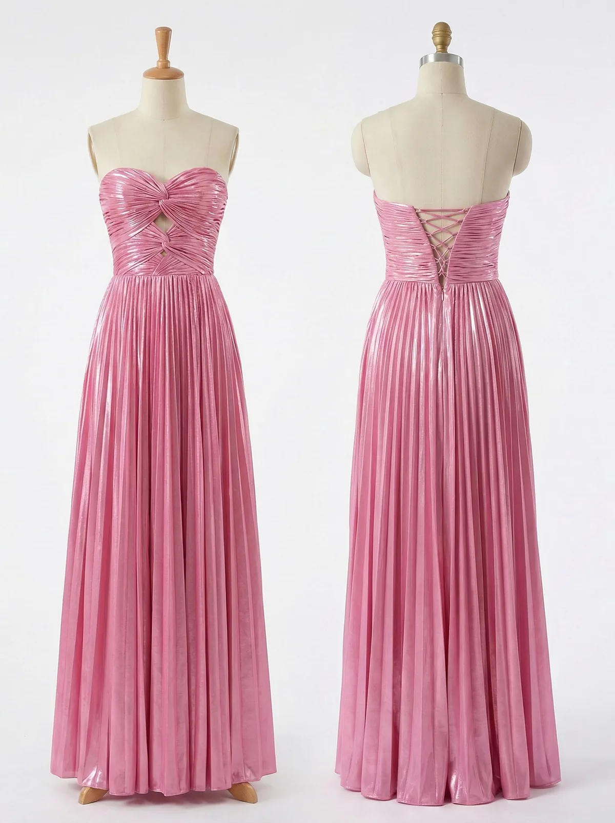 Rose Pink Metallic Pleated Sweetheart A-Line Gown