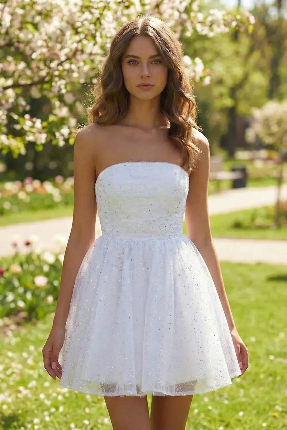 A-Line Strapless Glitter Tulle Homecoming Dress With Bow