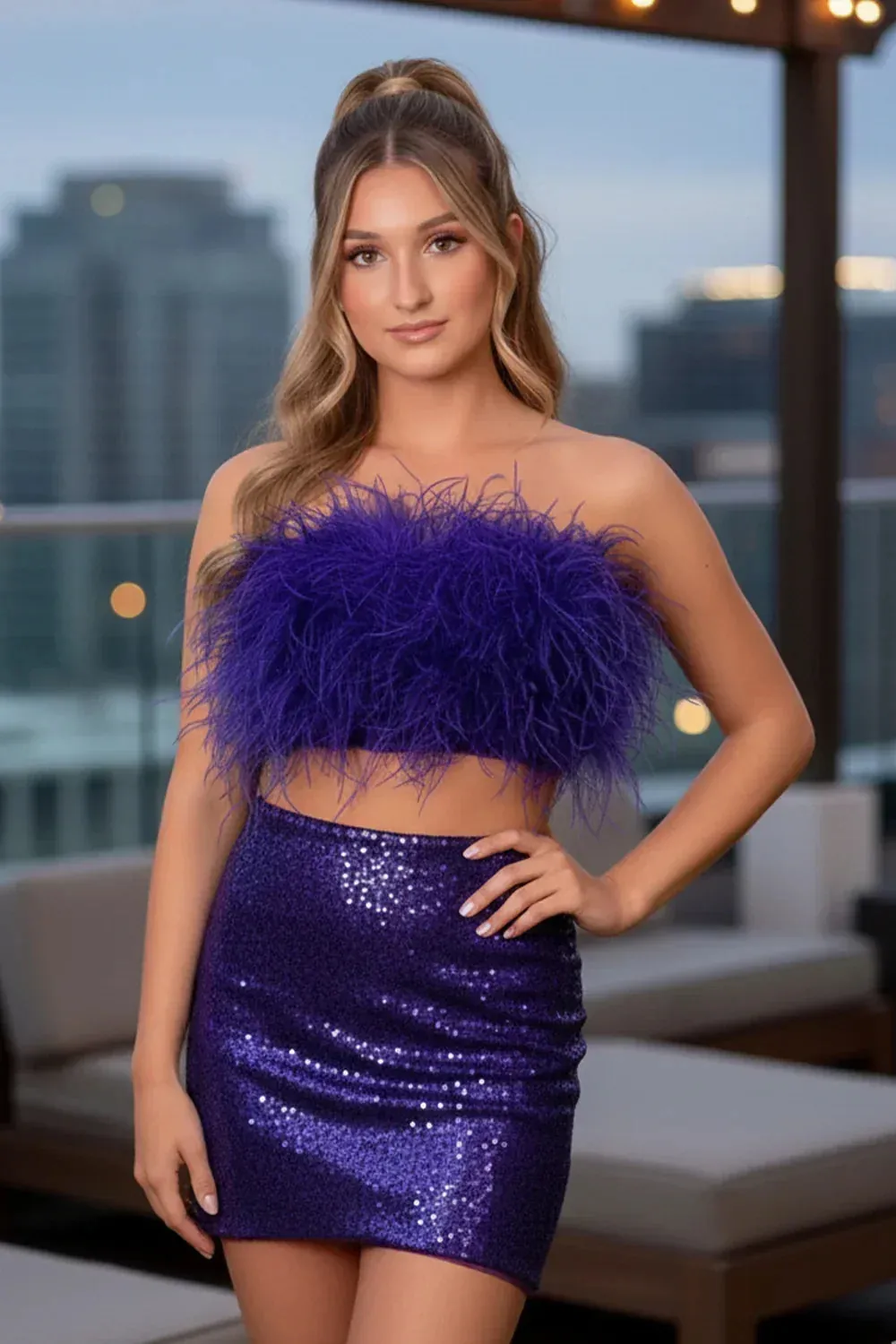 Two-Piece Feathered Bodice Homecoming Dress