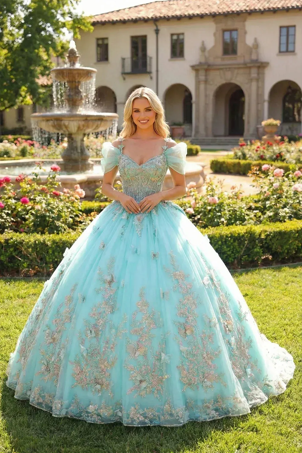Cold Shoulder Ball Gown With Floral Embroidery & 3D Butterfly