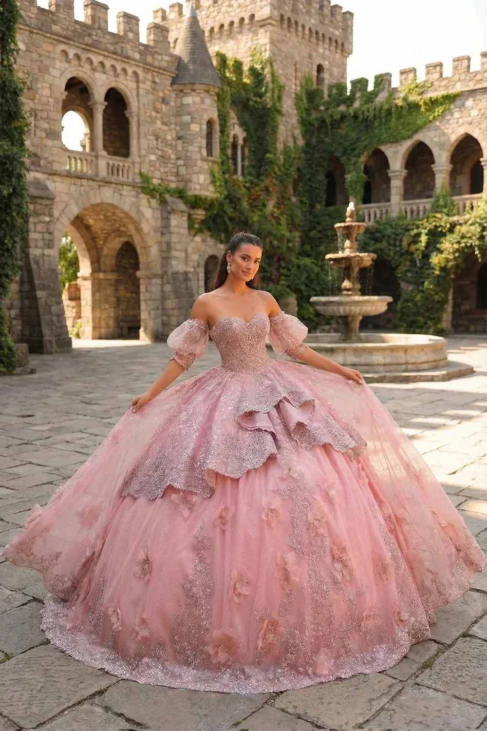 Textured Ruffles Cold Shoulder Ball Gown With 3D Floral