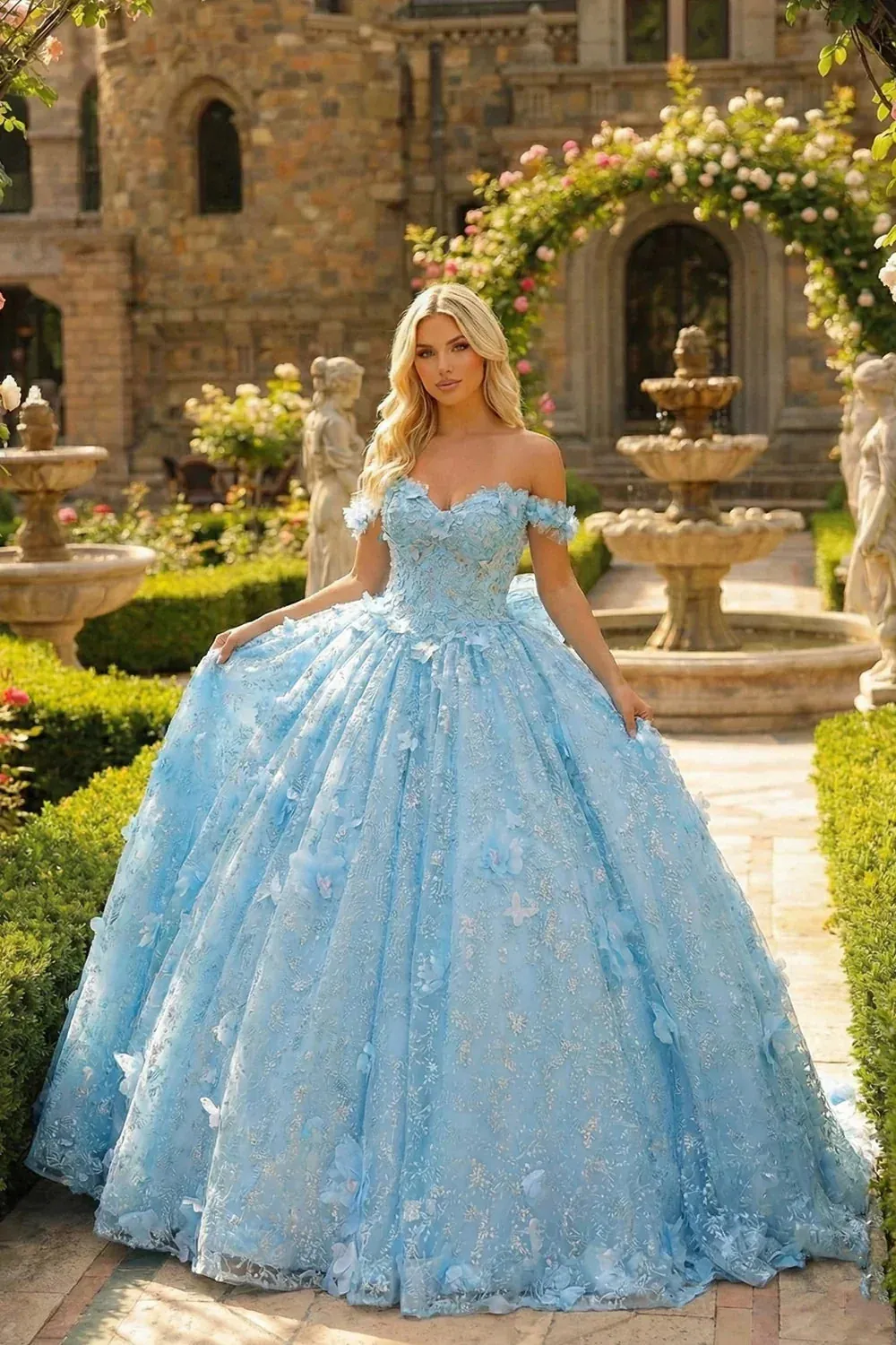 Cold Shoulder Ball Gown With 3D Floral & Bow
