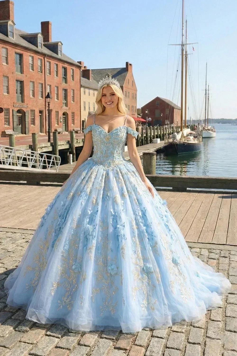 Glittery Cold Shoulder Ball Gown With 3D Floral & Embroidery
