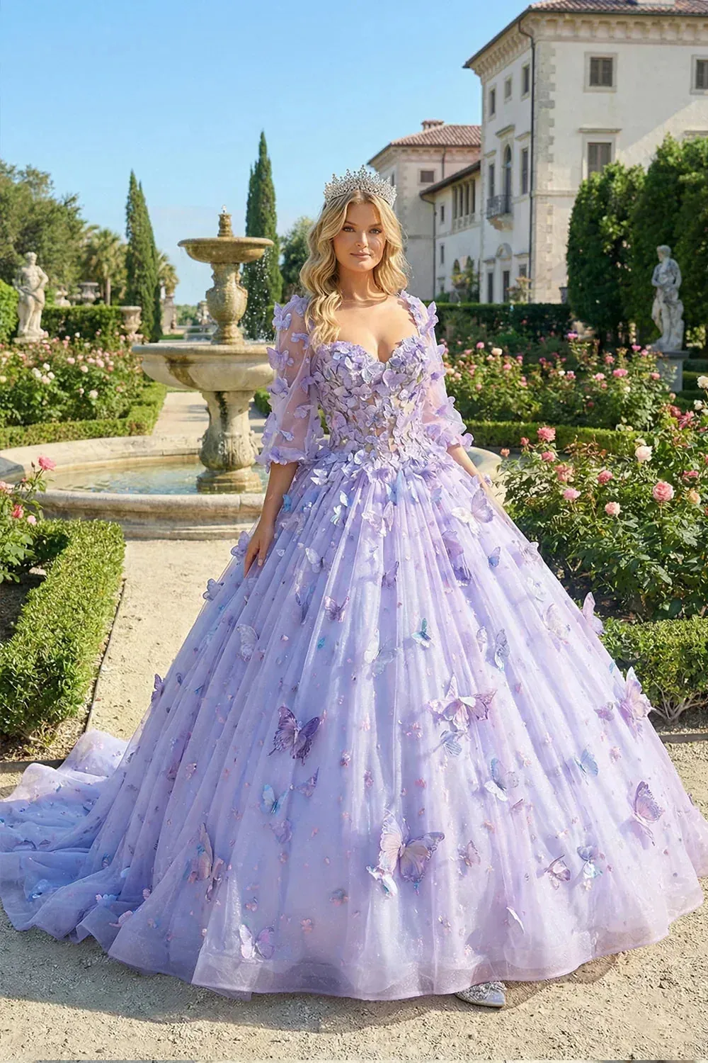 Illusion Long Sleeve Ball Gown With 3D Butterfly