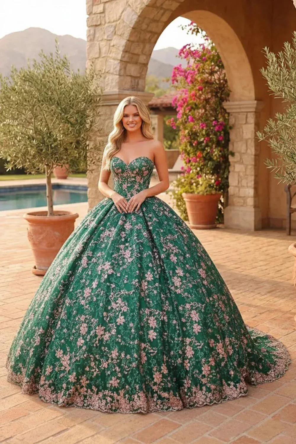 Glitter Sleeveless Ball Gown With Embroidery & Bow