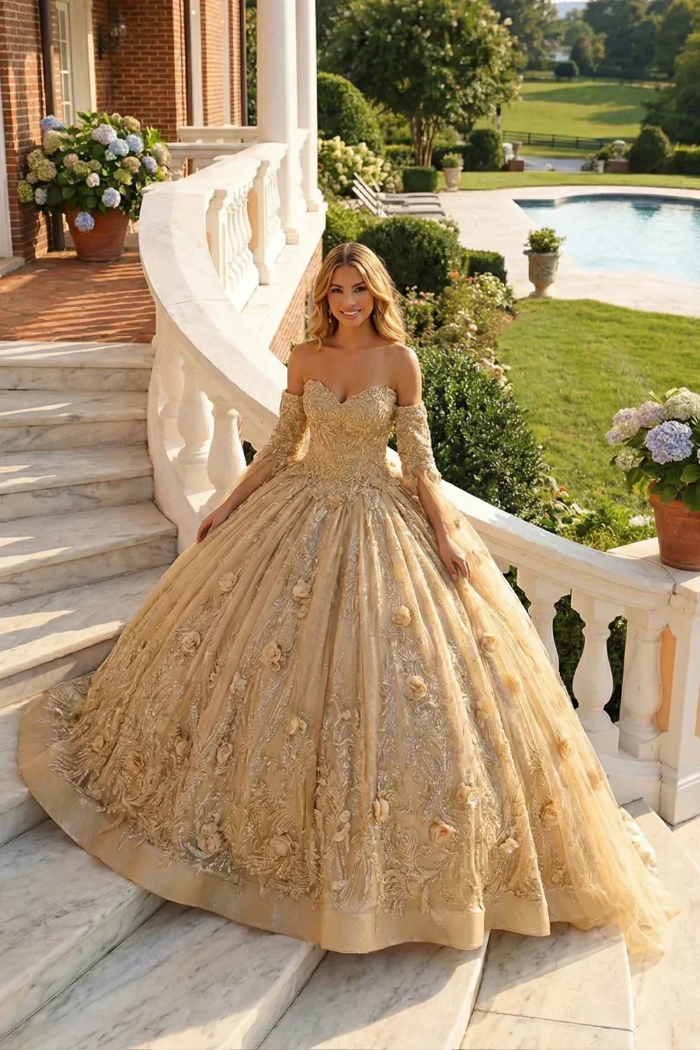 Off-Shoulder Tulle Ball Gown With 3D Floral & Glitter